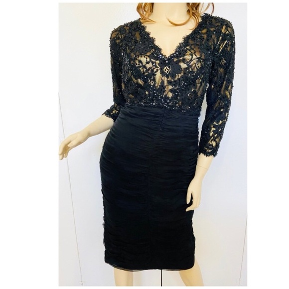 TADASHI Collection Vintage Black Lace Silk Shirred Cocktail Dress Size 4 - Picture 4 of 14